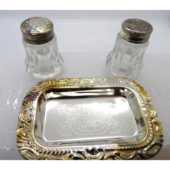 Silver Salt and Pepper Shaker Set on Tray needs polishing NEW - Picture 3 of 3